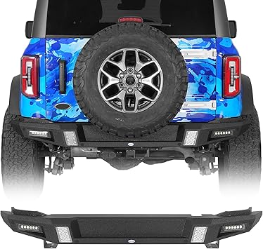 Hooke Road 21-26 Bronco Rear Bumper for 2021-2026 Ford Bronco(Exclude Bronco Sport & Raptor), Offroad Heavy Duty Steel Back Bumper with 2×18W LED Lights, Sensor Holes
