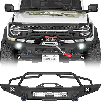 Hooke Road Bronco Front Bumper for 2021-2026 Ford Bronco (Exclude Sport & Raptor), Offroad Steel Bumper with Winch Plate, LED Lights, D-rings and Tubular Grille Guard